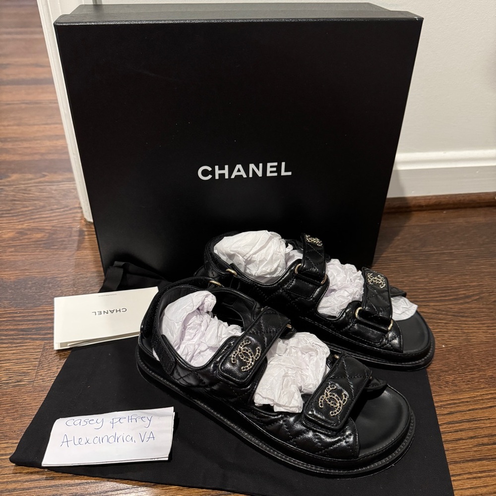 Chanel black leather dad sandals 36.5